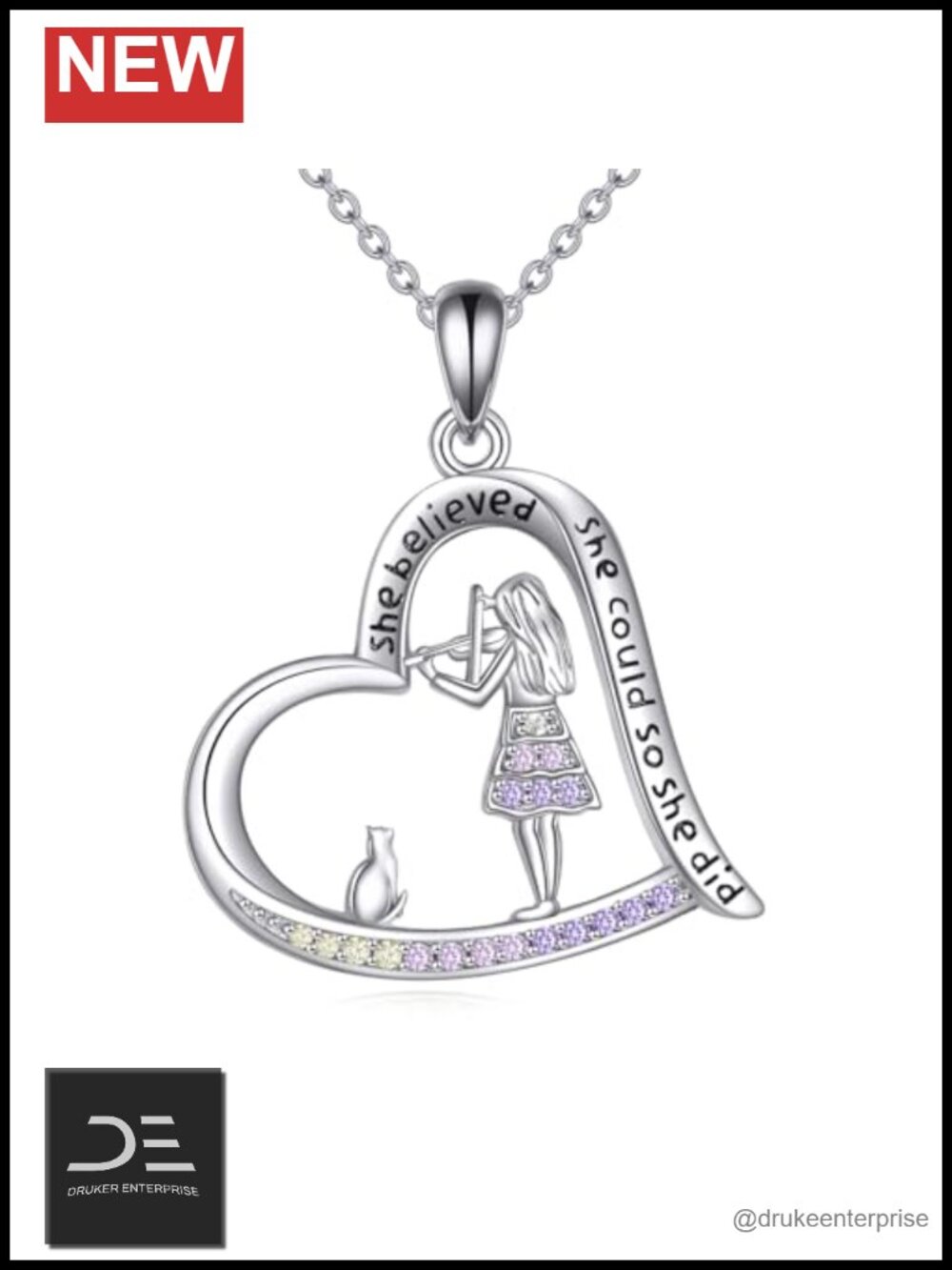 Sterling Silver Inspirational Violin Pendant Necklace for Women